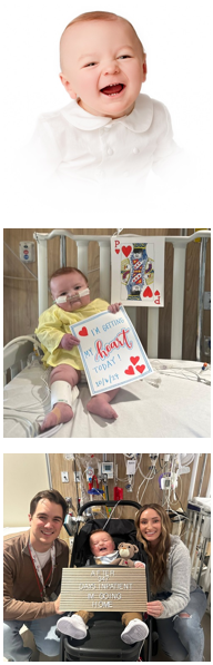Photo collage of Parker, first of him smiling, in a hospital bed holding a sign reading 